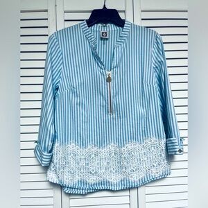Anne Klein women’s white striped blouse with white lace low front V neck size S